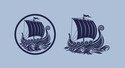 Viking ship icons, nautical symbols, dark blue vector graphics, sailing vessel illustrations © Uno