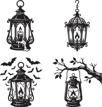Vintage Halloween lanterns with candles and bats. Black and white spooky decorative hanging lights for seasonal events.