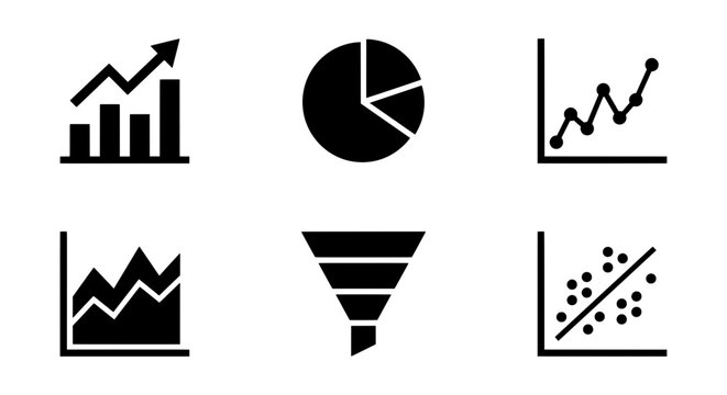 Business Analytics Icons: Growth Charts, Pie Chart, Scatter Plot, Funnel