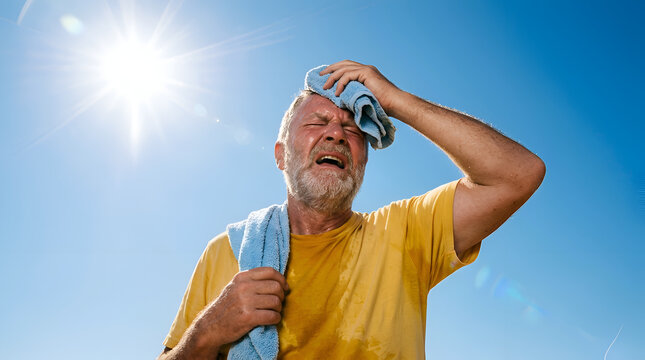 Elderly man wiping sweat from his forehead with a towel on a hot sunny day