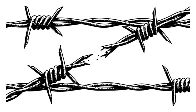 Barbed wire broken illustration vintage engraving style metal fence for freedom and security concept hand drawn sketch