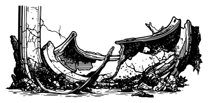 Ruined stone architecture illustration broken concrete debris and crumbling wall fragments ancient ruin destruction concept sketch