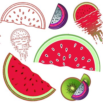Seamless pattern of watermelon kiwi passion fruit. 