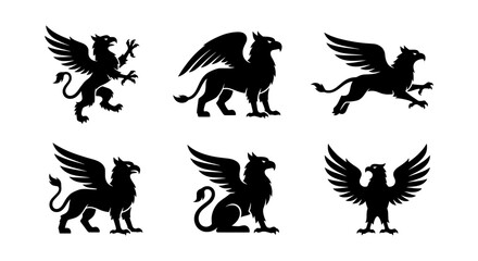 Fototapeta premium Mythical Griffin Vector Icons Set, Majestic Heraldic Creature Silhouettes, Ancient Legend Symbols