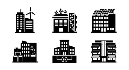 Obraz premium Eco-Friendly Buildings Icons: Sustainable Architecture, Green Energy, Urban Design