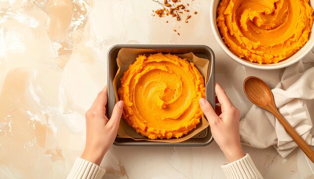 さつまいものペーストを角型に敷き詰めて焼き菓子を作る明るいキッチンの俯瞰
