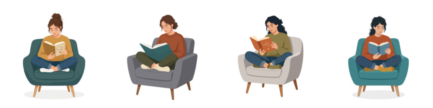 Set of women sitting in armchairs and reading books. Flat vector illustration of girls relaxing with books