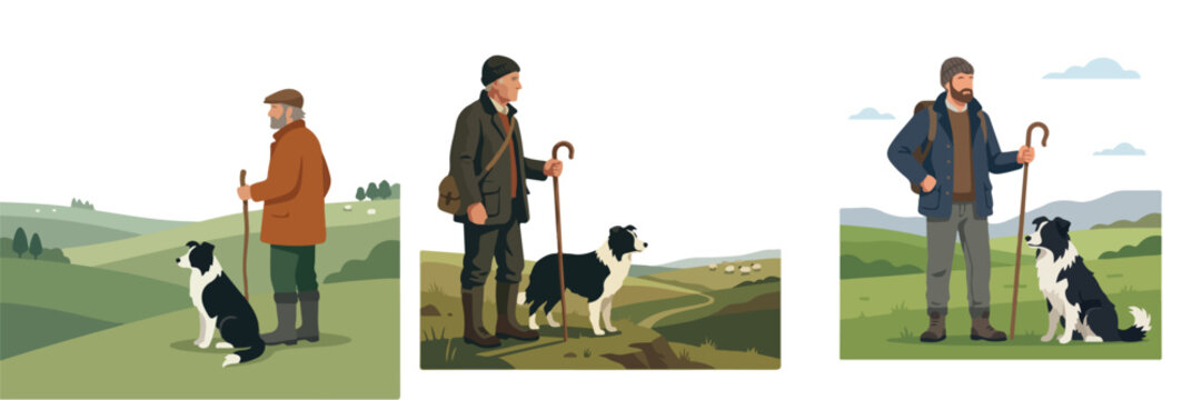 Men walking with border collies in rural hill landscapes, depicting outdoor lifestyle and canine companionship