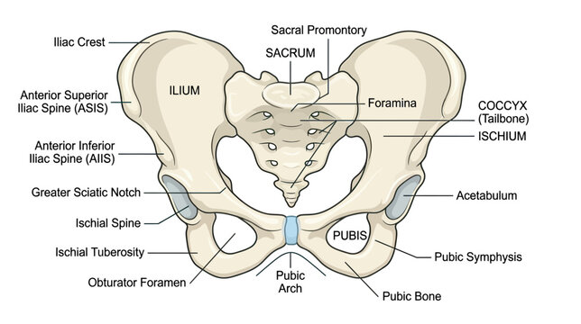 Anatomical illustration of the human pelvis, labeled with bone structures and landmarks.