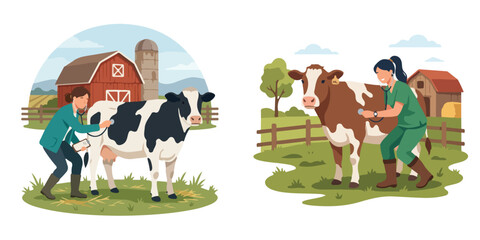 Fototapeta premium Veterinarians inspecting dairy cows on rural farms with barns and pastures in flat vector illustration style
