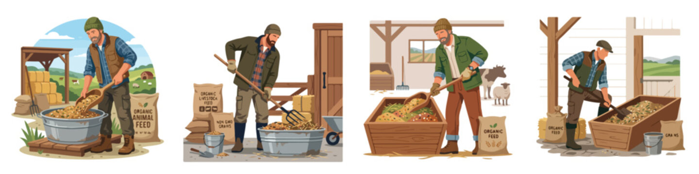 Set of illustrations depicting a farmer mixing livestock feed with a shovel on a farm