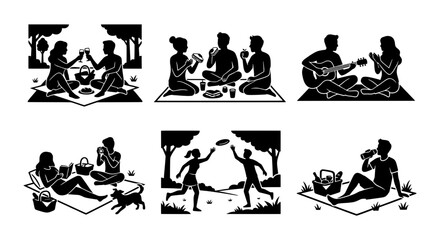 Fototapeta premium Picnic Silhouettes: People Enjoying Outdoor Leisure, Food, Music, and Games
