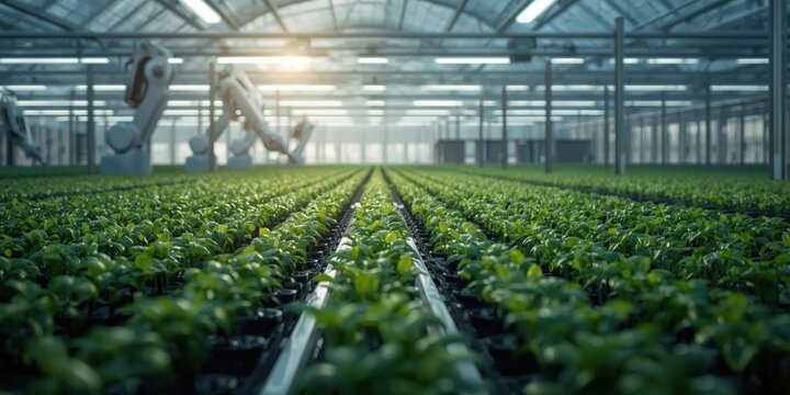 Advanced robotic systems managing plant growth in a large scale industrial greenhouse with natural sunlight