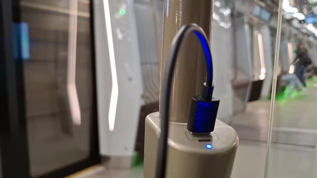 Black USB cable plugged into a charging port inside a modern metro train car. subway power station, phone charger, public transport service, commuter convenience.