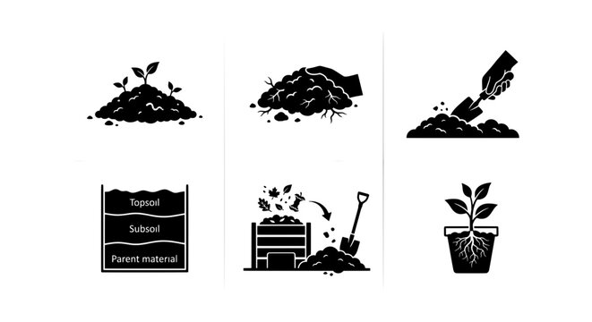 Soil Layers, Composting, Planting Icons: Agriculture, Gardening, Growth Vector Set