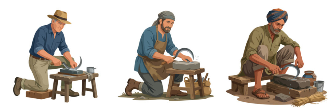 Set of three skilled traditional craftsmen sharpening metal tools on whetstones in diverse cultural workshop settings