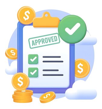 3d clipboard with approved status and stacks of golden dollar coins for financial success and business loan approval concepts on a soft blue background