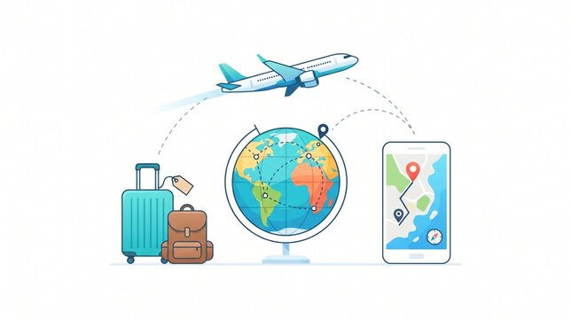 A vivid illustration of global travel and adventure, featuring an airplane taking off, a globe, a smartphone displaying a map, and luggage.