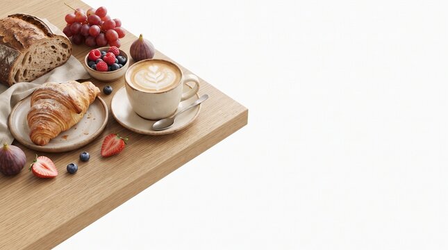 A delicious breakfast spread featuring a croissant, fresh fruit, artisanal bread, and a steaming cup of coffee with latte art