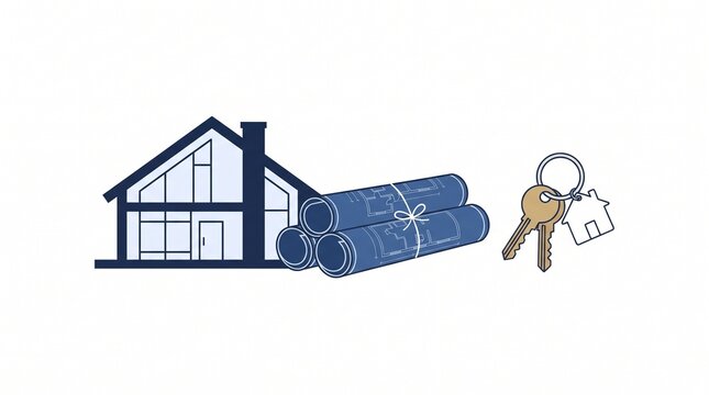 Illustration of a house with blueprints and keys, symbolizing home ownership and construction