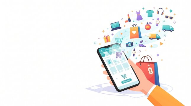 A hand holding a smartphone displaying an online shopping app, with various products and shopping bags floating out of the screen. This illustrates the convenience and variety of e-commerce.