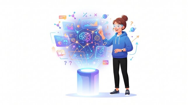 A woman interacts with a glowing futuristic interface, surrounded by digital data and scientific symbols, showcasing innovation and advanced technology