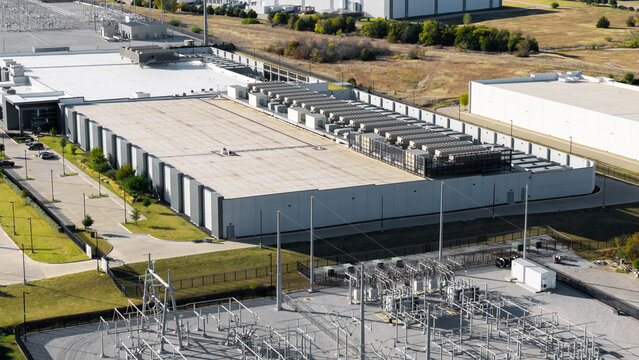 Large data center building with power substation