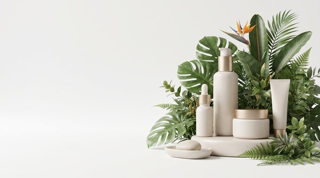 Skincare products displayed with lush green tropical leaves and flowers, suggesting natural and organic ingredients. The beige packaging blends harmoniously with the botanical elements.