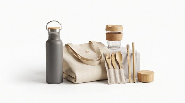 Reusable eco-friendly set for everyday use. Includes a metal water bottle, a canvas tote bag, a bamboo travel cup, and a bamboo cutlery set. Perfect for a sustainable lifestyle