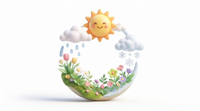 The seasons circle with sun, clouds, rain, snow and flowers