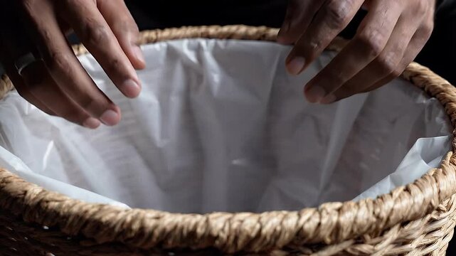 Close Up View of an Empty Wicker Waste Basket Lined with a White Bag Ready for Electronic Waste Disposal