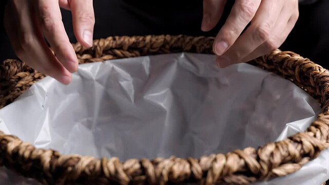 Empty Woven Waste Basket Lined with Crumpled White Plastic Bag Ready for Office or Home Cleanup