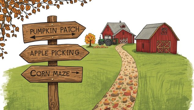 Autumn farm landscape with wooden signpost pointing to pumpkin patch, apple picking and corn maze path