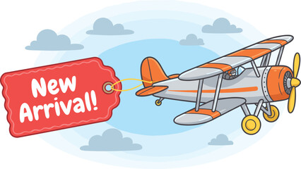 Vintage biplane airplane pulling a red new arrival product tag vector illustration isolated on white background © Shahinur