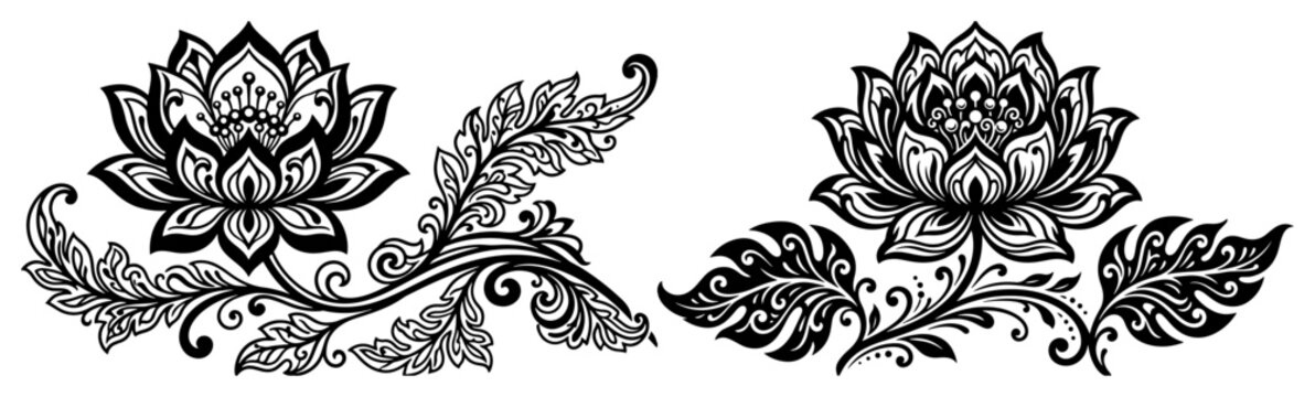 Lotus flowers with ornate floral scrollwork and decorative leaves in traditional decorative style