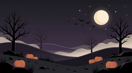 Fototapeta premium A witch flies on her broom under a full moon with pumpkins and trees in a landscape.