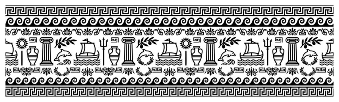 Ancient Greek border pattern with meander waves pillars and classical symbols