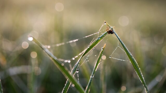 Macro photography of dewy grass blades with water droplets in a serene natural setting outdoors