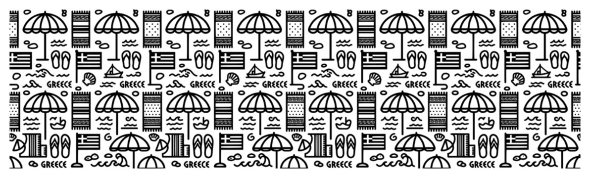 Greece summer vacation pattern with beach umbrellas flags and nautical icons