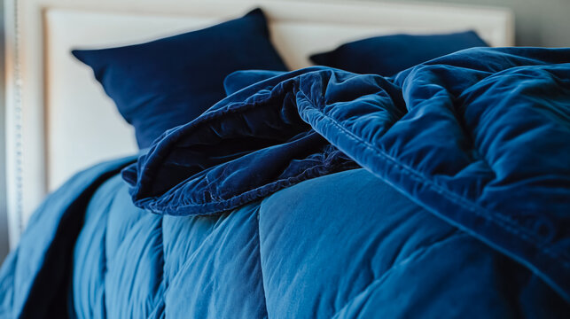 Luxurious blue velvet comforter and pillows on a bed for cozy relaxation