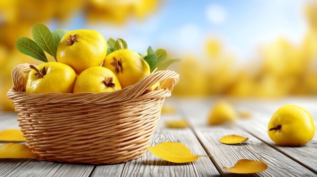 Fresh ripe yellow quince fruit in wicker basket with autumn leaves