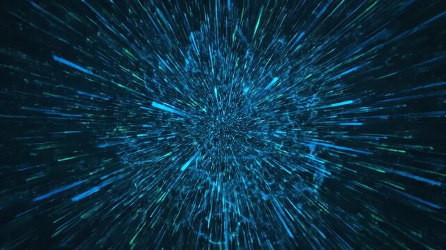 Abstract burst of blue & teal lines converging towards a central point, spacey