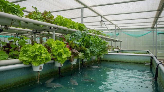 A hydroponic system with lush green plants grows above a serene fish tank indoors.