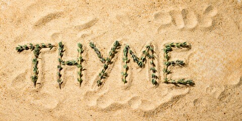 Fototapeta premium Herbs spelling Thyme written in sand on a beach