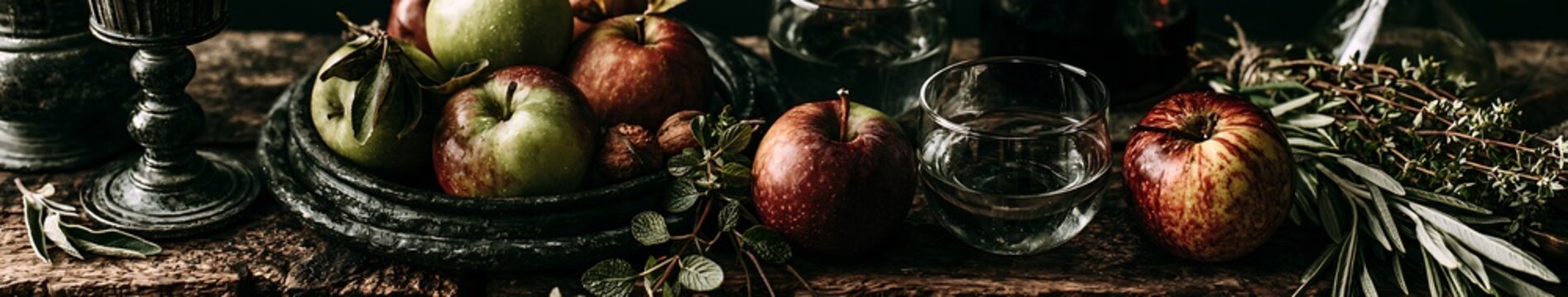 Rustic autumn still life with red and green apples, walnuts, fresh herbs and a glass of water on a weathered wooden table