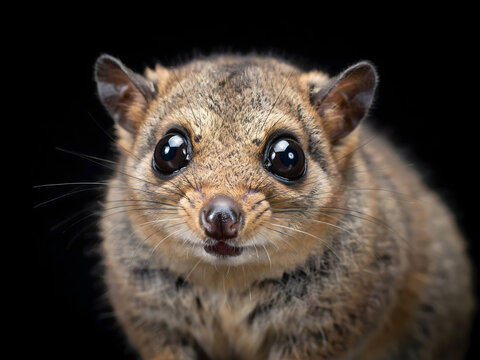 Close-up of a bushbaby with big eyes on black background