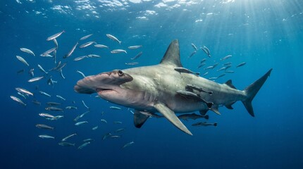 Obraz premium Great hammerhead shark swimming with fish in clear blue ocean