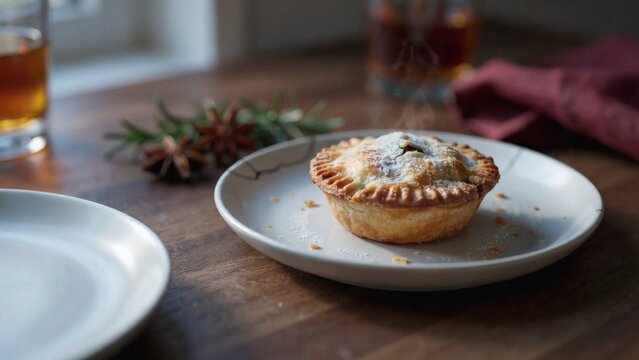 Delicious homemade savory pie on a white plate, served on a wooden table with a glass of drink