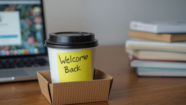 Disposable coffee cup with a yellow sticky note saying welcome back and a smiley face on a wooden office desk