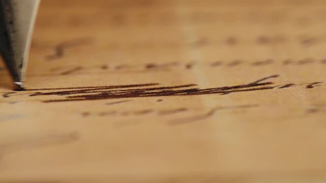 Fountain pen write letter, document sign on an antique handwritten letter. Vintage nib pen and handwritten english cursive style font copperplate, spencerian. Old history background. Retro style.